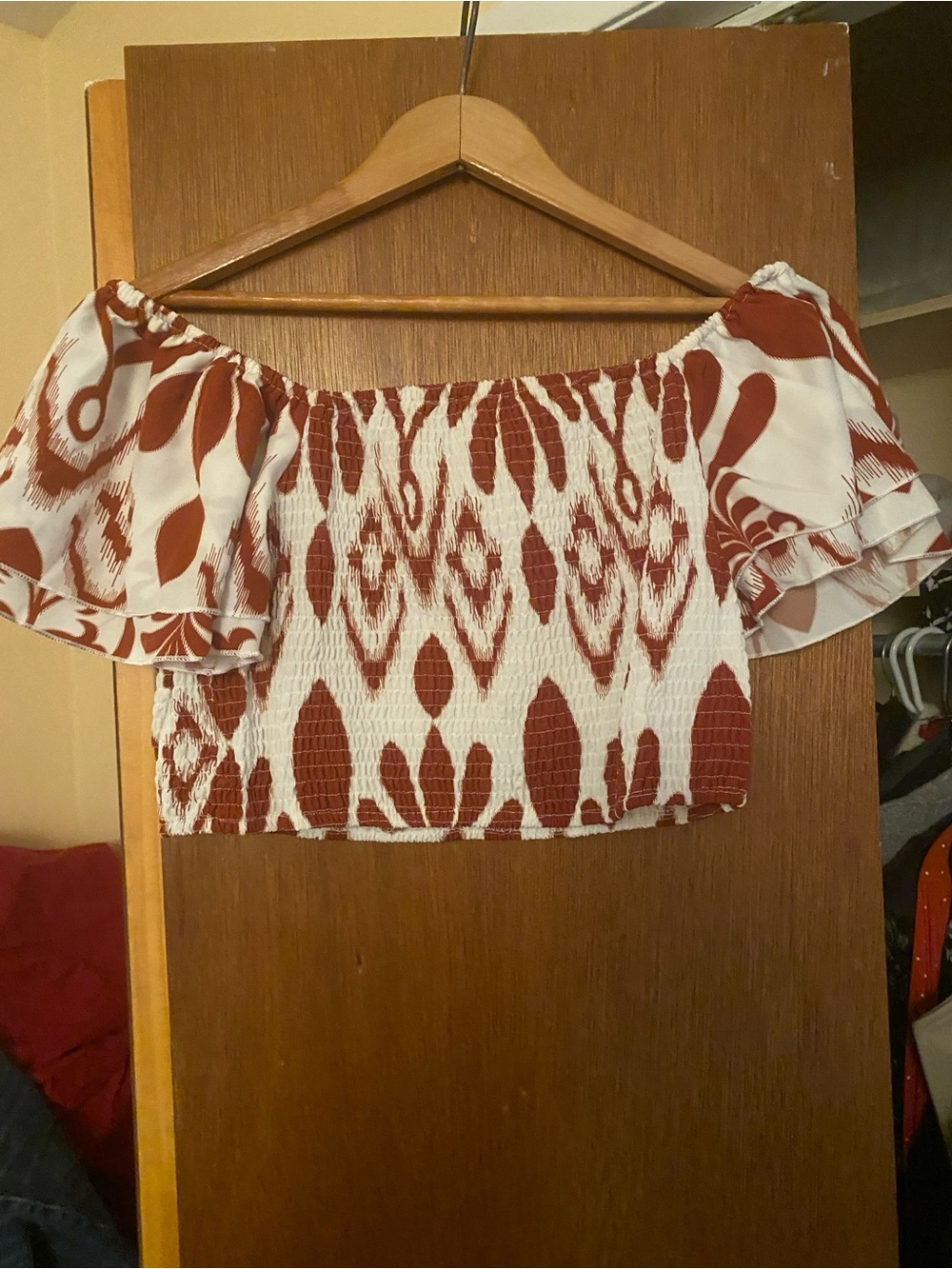 Boho White & Rust XL Smocked Puff Sleeve Crop Top